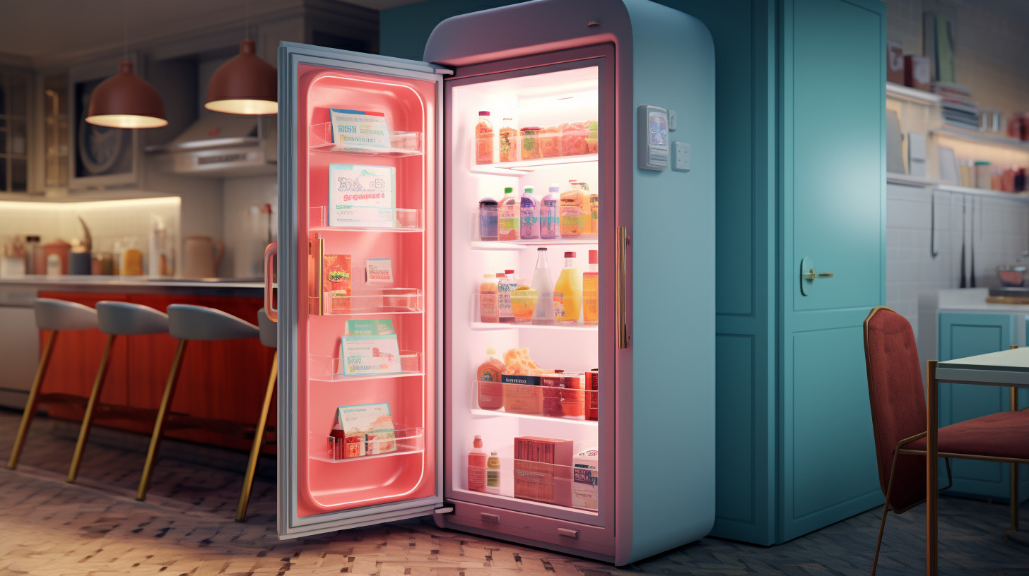 Dans cette image invitante, on peut voir un réfrigérateur ouvert rempli de diverses boissons fraîches dans un bar animé. 
