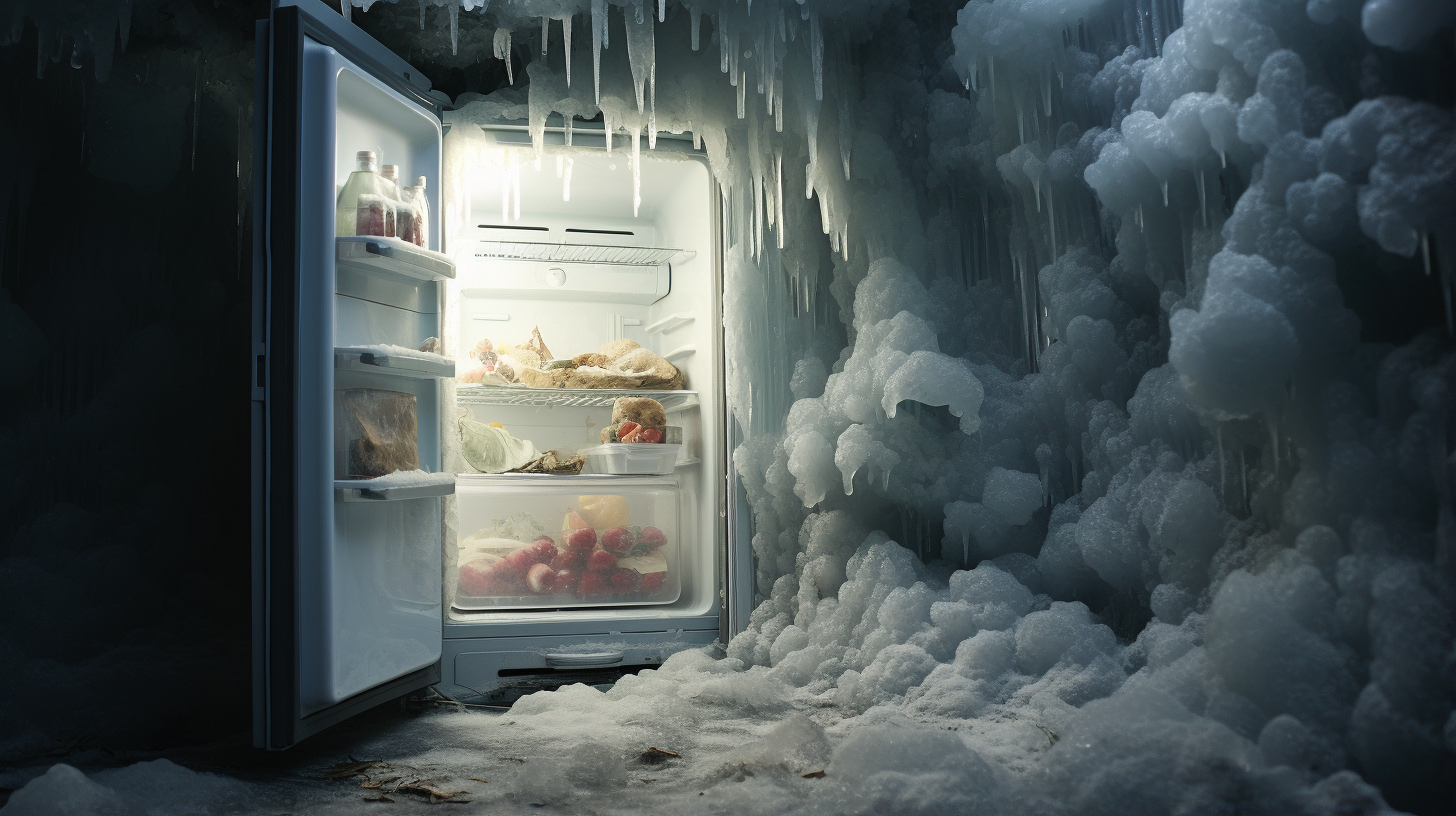 Un frigo rempli de glace et de givre, créant une scène rafraîchissante mais problématique dans ma cuisine 