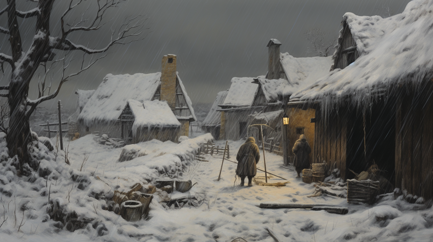Une image qui capture la beauté intemporelle d'un village par une journée d'hiver, avec des maisons enneigées et une atmosphère chaleureuse malgré le froid mordant 