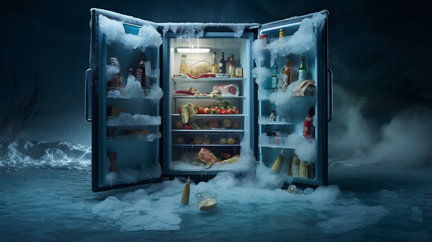 n frigo défectueux encastré dans un mur de glace, symbolisant les défis de l'hiver lorsque les appareils tombent en panne en raison des températures glaciales 