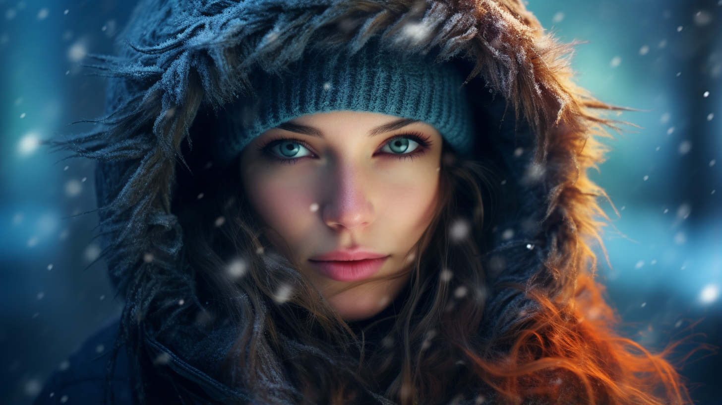 Une image captivante d'une femme élégante qui semble parfaitement à l'aise et gracieuse malgré les températures glaciales qui l'entourent, incarnant la beauté et la résilience en hiver 