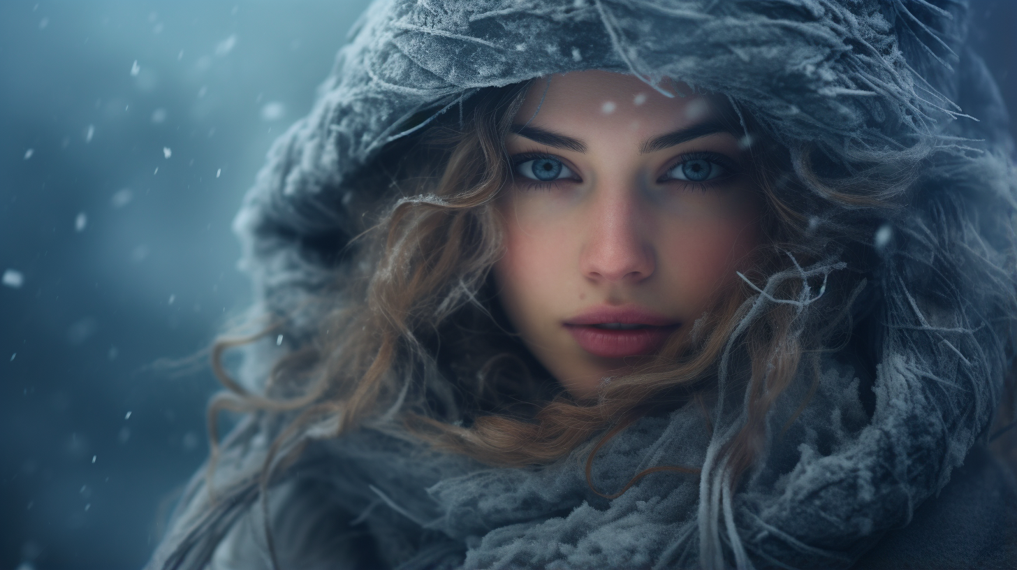 Une image captivante qui illustre la beauté envoûtante de l'hiver, mettant en avant une jeune fille dont le charme naturel brille même par temps froid 