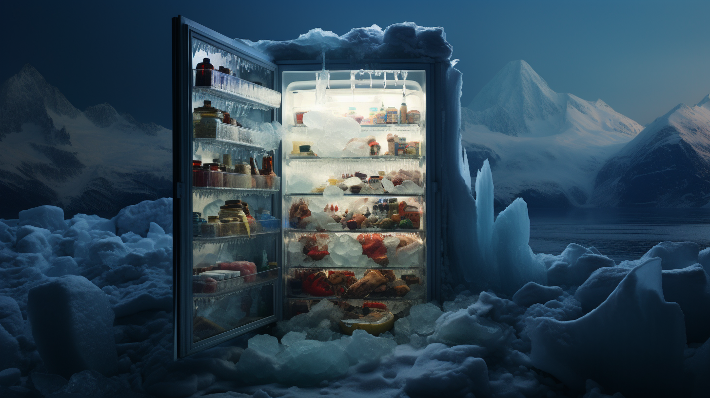 Une scène insolite où un réfrigérateur semble avoir trouvé sa place au cœur de l'Arctique, symbolisant la fusion entre technologie et environnement glacial. 