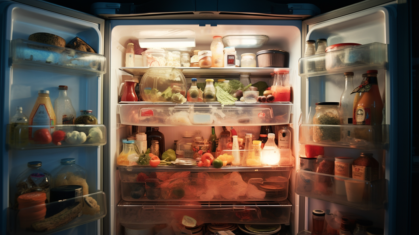 Voici un aperçu de notre frigo, débordant de délicieuses surprises culinaires. Les étagères sont remplies de produits frais et savoureux prêts à être dégustés.  
