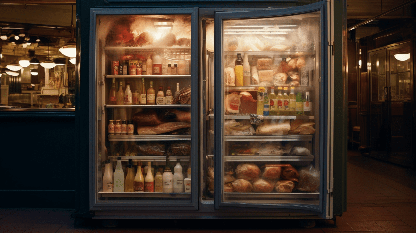 Cette image capture la générosité d'un frigo de supermarché, débordant de diverses alimentations. 