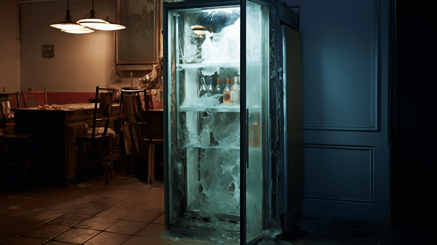L'image montre un frigo dont l'intérieur a été transformé en un véritable paysage de glace.  