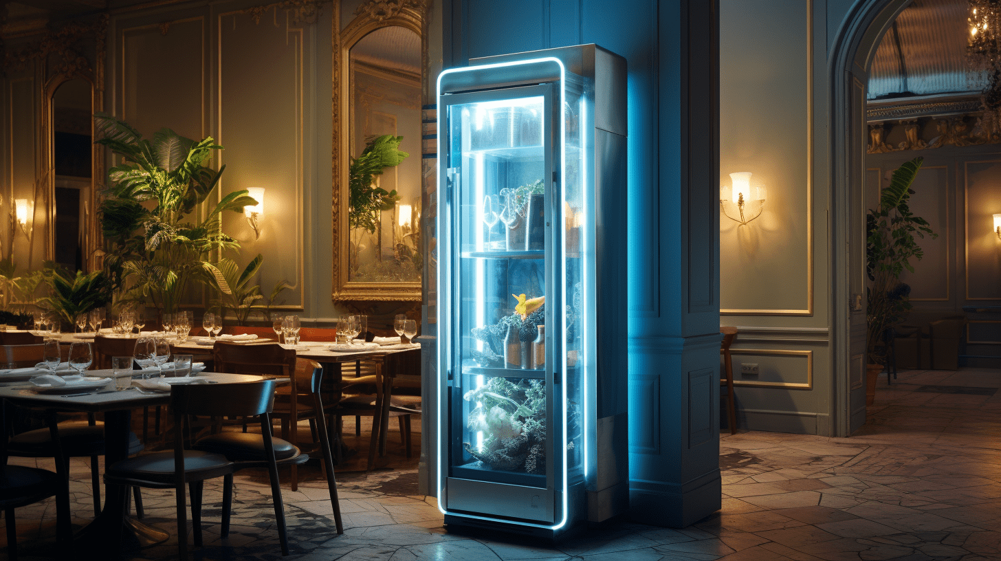 Dans cette image, nous observons un frigo moderne et élégant, son intérieur surgelé créant un contraste intéressant avec son extérieur épuré.  