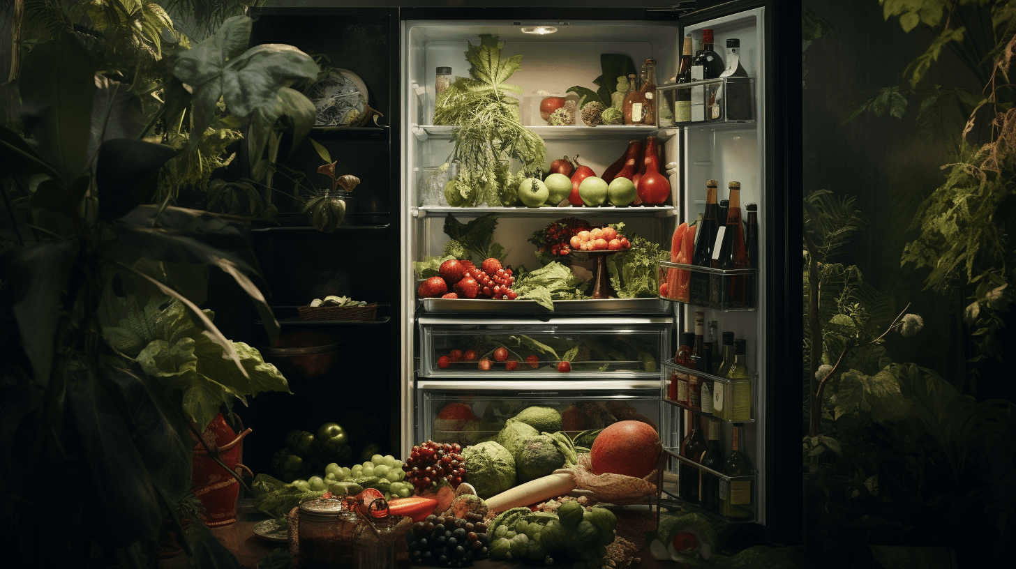 Cette image montre un frigo ouvert, richement approvisionné avec une variété d'aliments frais et colorés.  