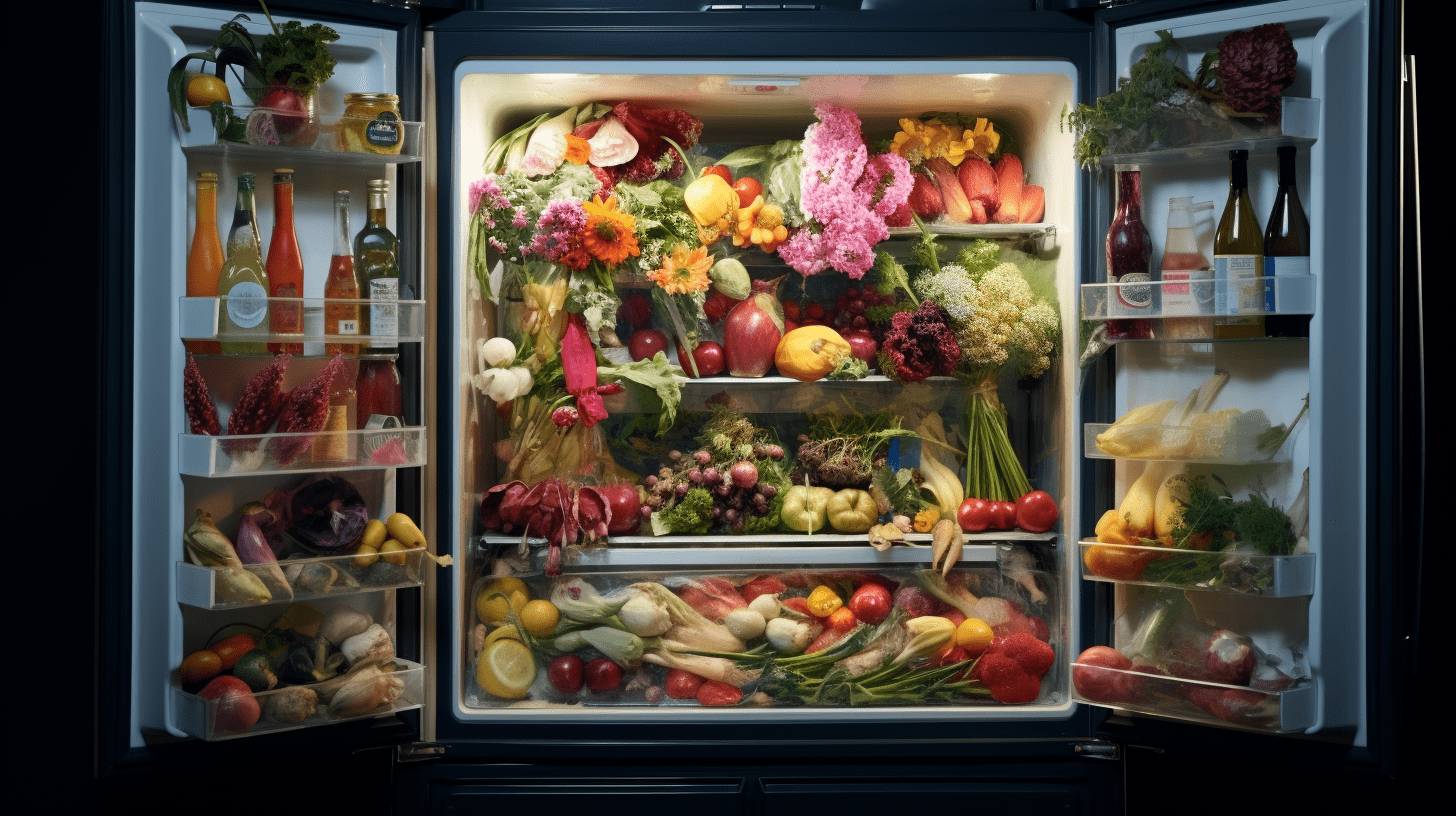 L'image présente un réfrigérateur ouvert, rempli d'une grande variété de produits végétariens. 
